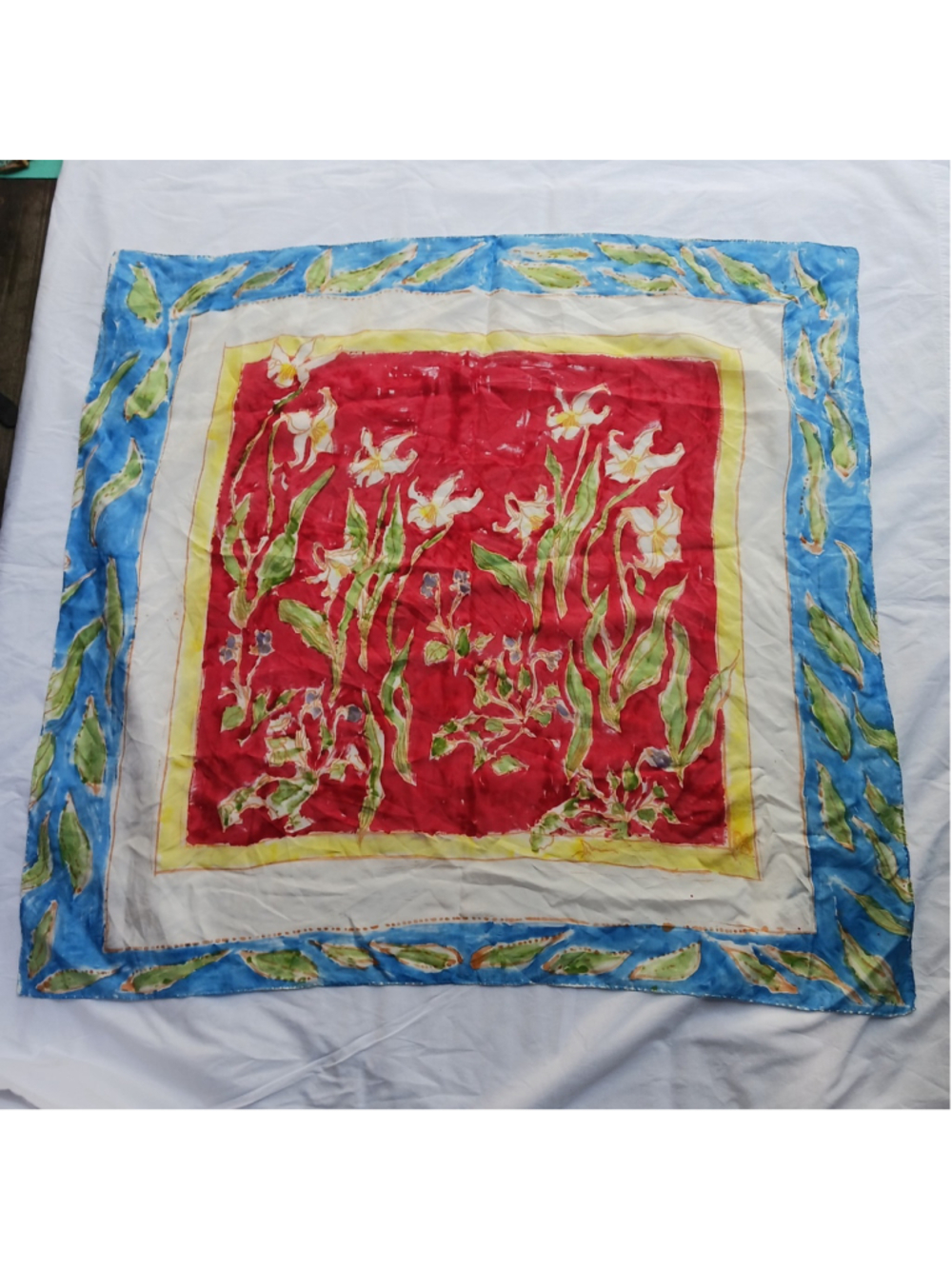 Hand Painted Watercolor Silk Scarf Lily's Floral 36 X 36 Square EUC Elegant